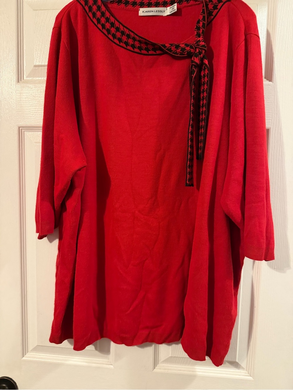 Karen Lessly Red Knit Sweater with Houndstooth Tie